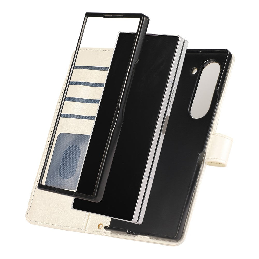 For Samsung Galaxy Z Fold7 5G Case Multi Card Slots Zipper Rhombus Leather Phone Cover with Wrist Strap - Beige