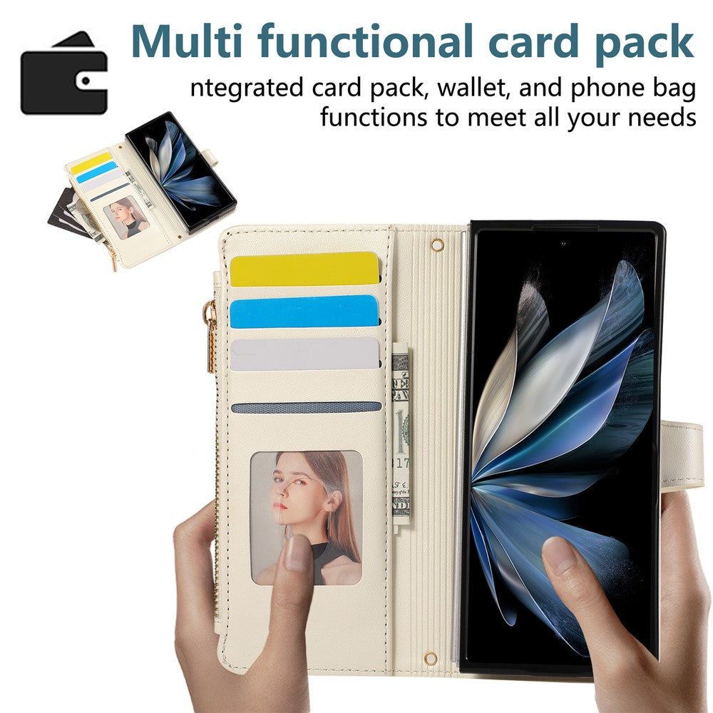For Samsung Galaxy Z Fold7 5G Case Multi Card Slots Zipper Rhombus Leather Phone Cover with Wrist Strap - Beige