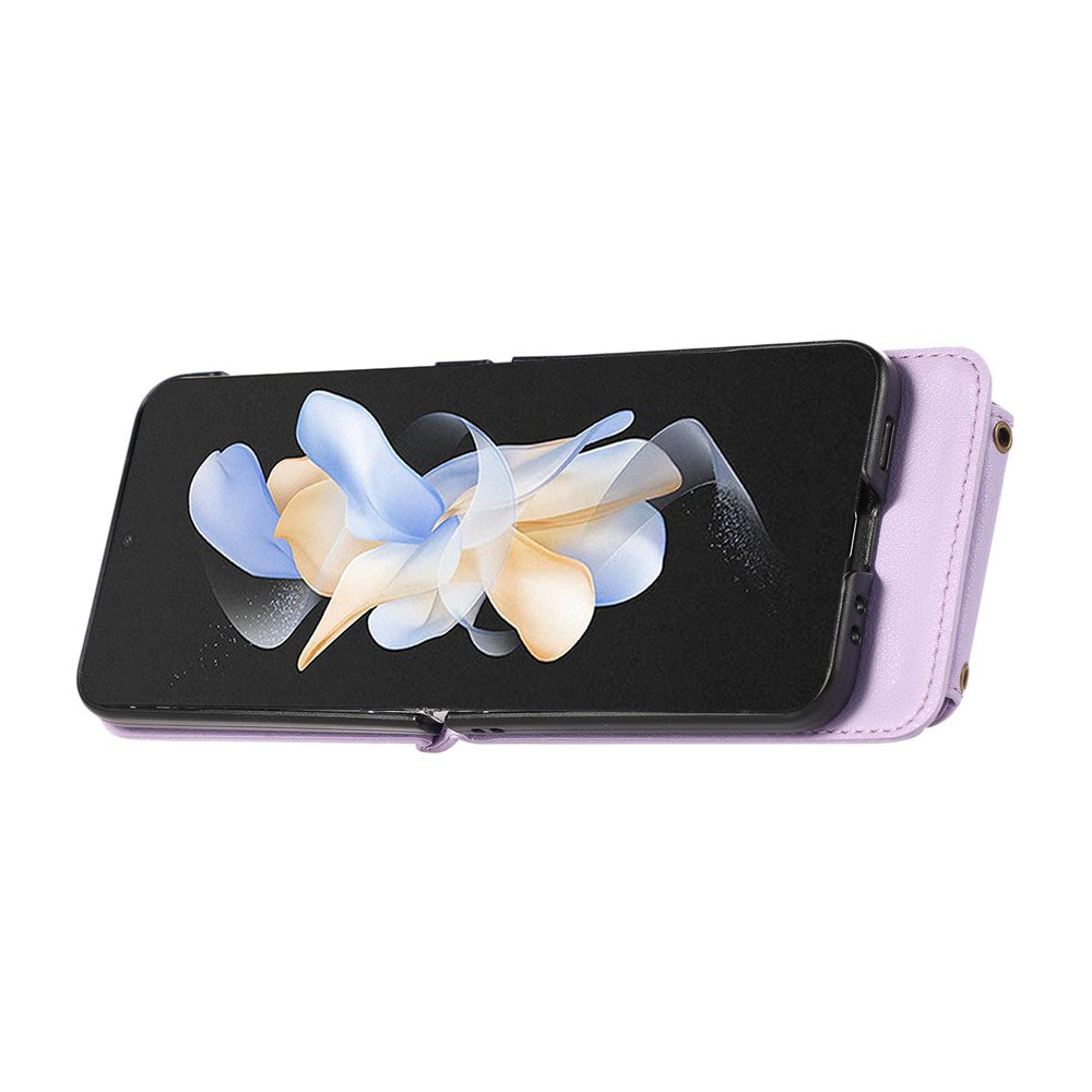 For Samsung Galaxy Z Flip7 5G Case Card Holder Ring Kickstand TPU + PU Leather Phone Cover with Long Strap - Purple