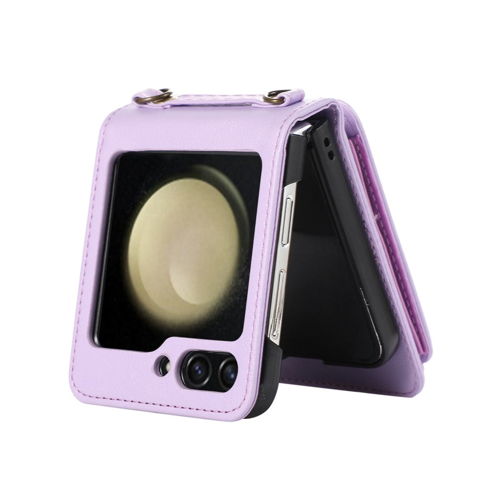 For Samsung Galaxy Z Flip7 5G Case Card Holder Ring Kickstand TPU + PU Leather Phone Cover with Long Strap - Purple