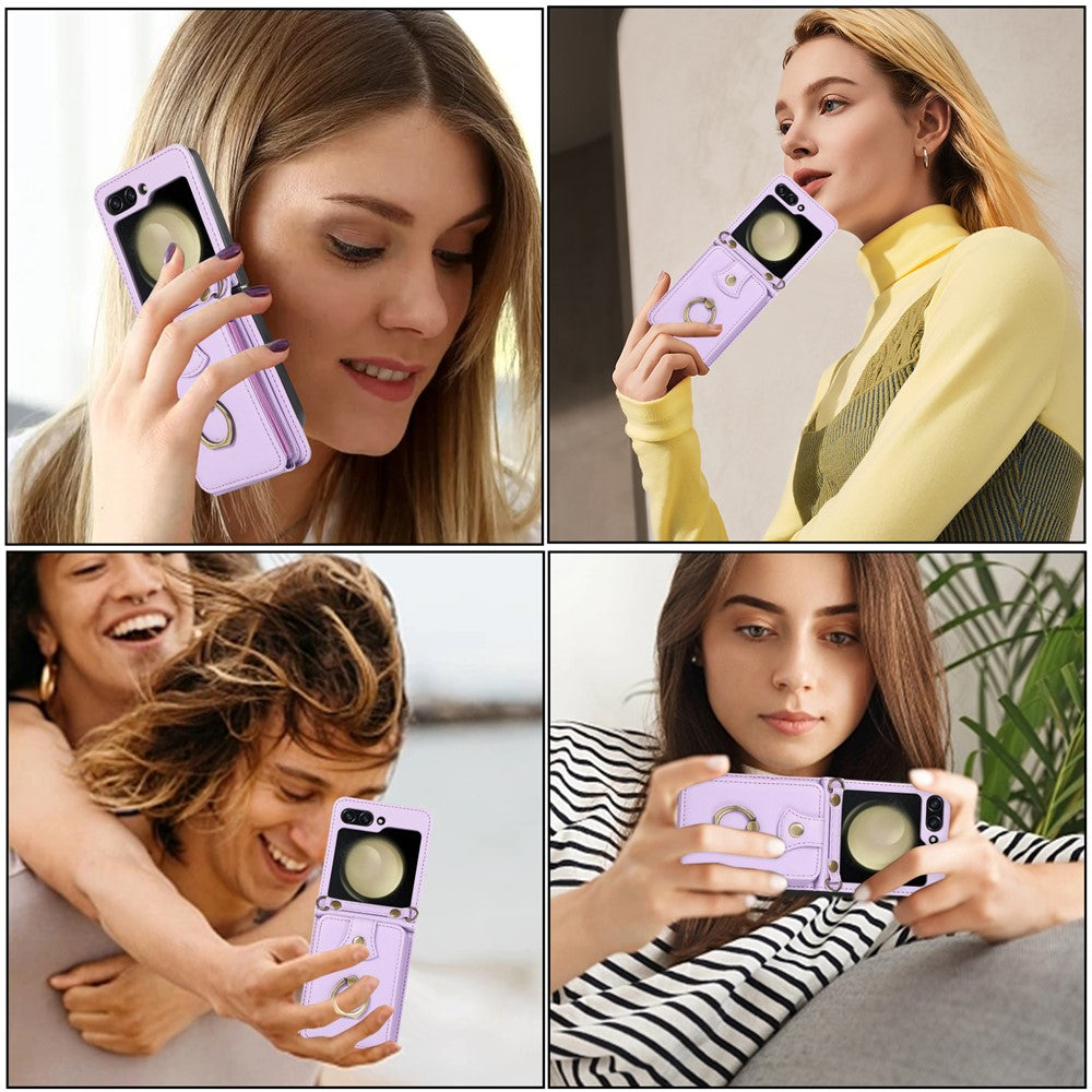 For Samsung Galaxy Z Flip7 5G Case Card Holder Ring Kickstand TPU + PU Leather Phone Cover with Long Strap - Purple