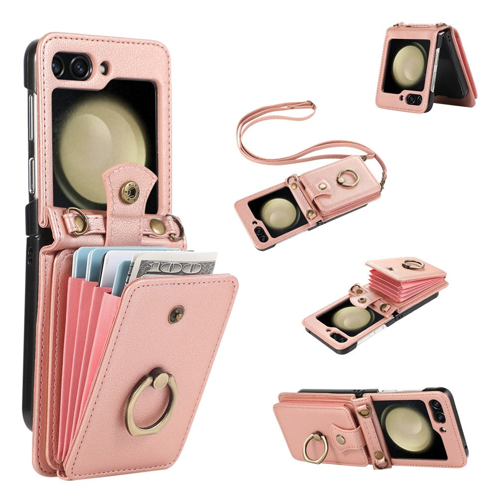 For Samsung Galaxy Z Flip7 5G Case Card Holder Ring Kickstand TPU + PU Leather Phone Cover with Long Strap - Rose Gold