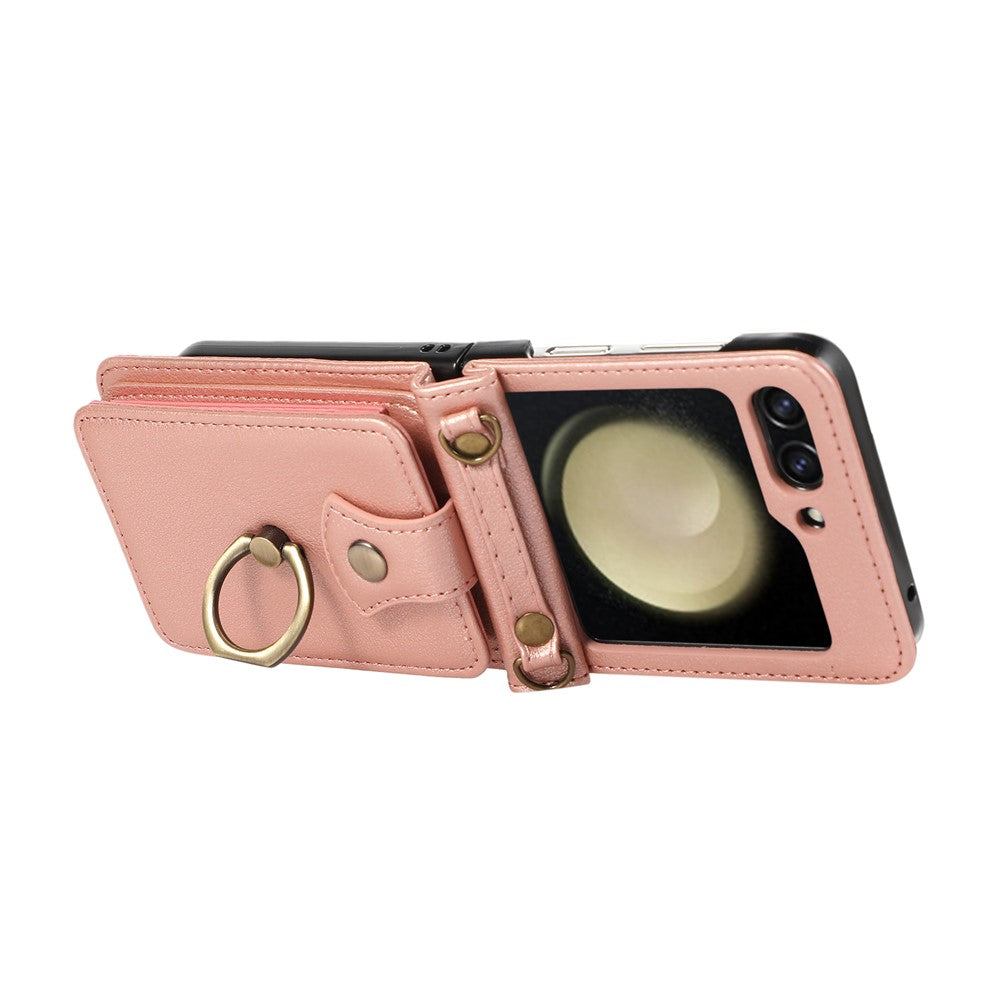 For Samsung Galaxy Z Flip7 5G Case Card Holder Ring Kickstand TPU + PU Leather Phone Cover with Long Strap - Rose Gold