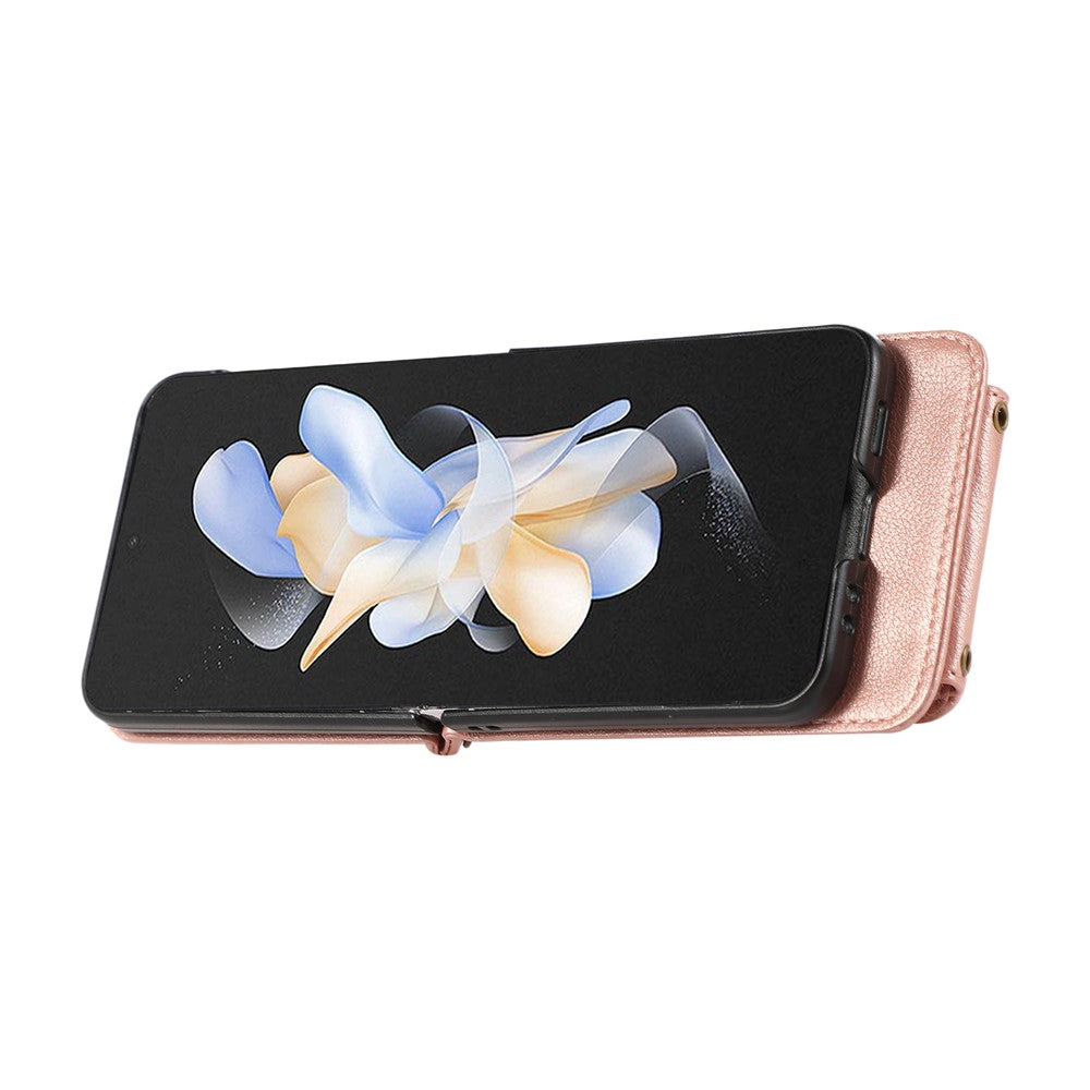 For Samsung Galaxy Z Flip7 5G Case Card Holder Ring Kickstand TPU + PU Leather Phone Cover with Long Strap - Rose Gold