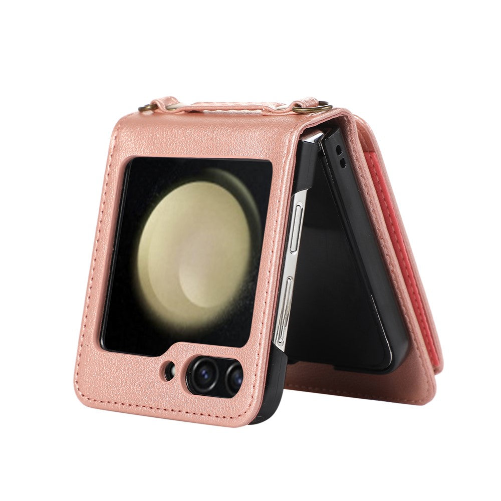 For Samsung Galaxy Z Flip7 5G Case Card Holder Ring Kickstand TPU + PU Leather Phone Cover with Long Strap - Rose Gold