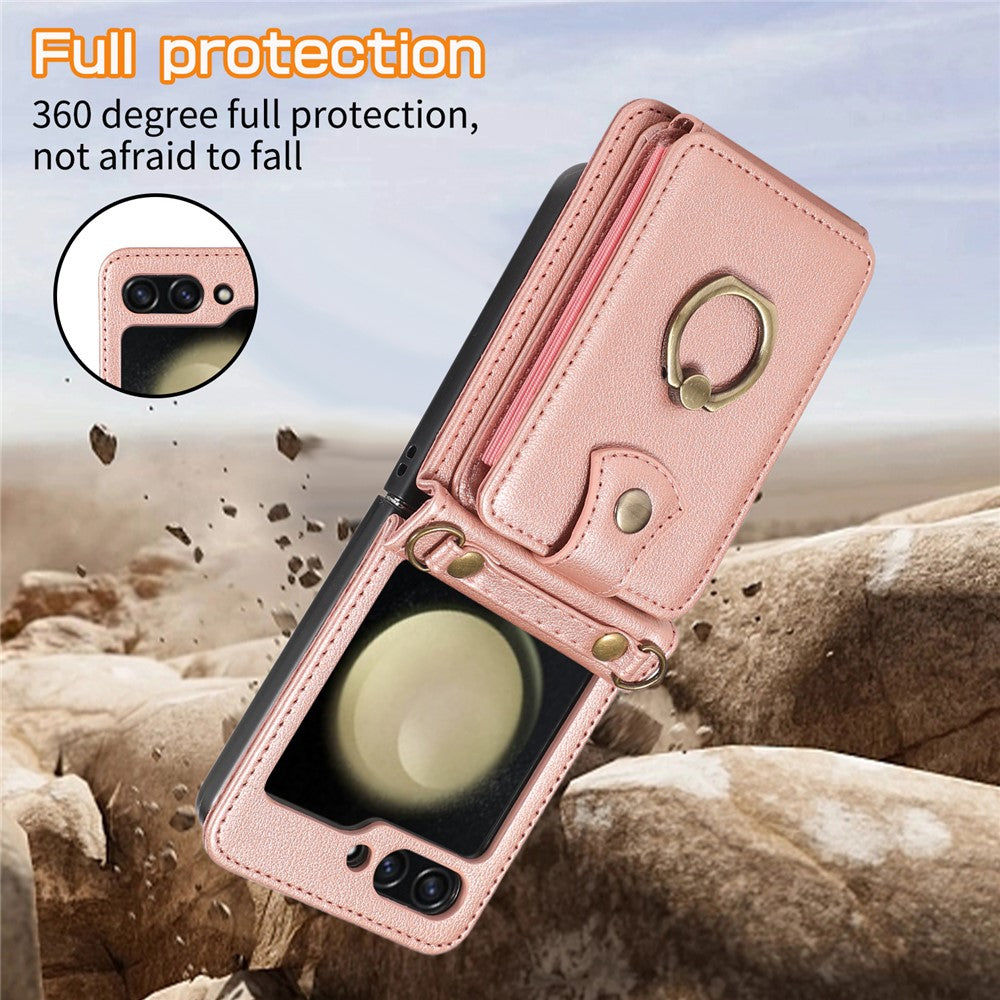 For Samsung Galaxy Z Flip7 5G Case Card Holder Ring Kickstand TPU + PU Leather Phone Cover with Long Strap - Rose Gold