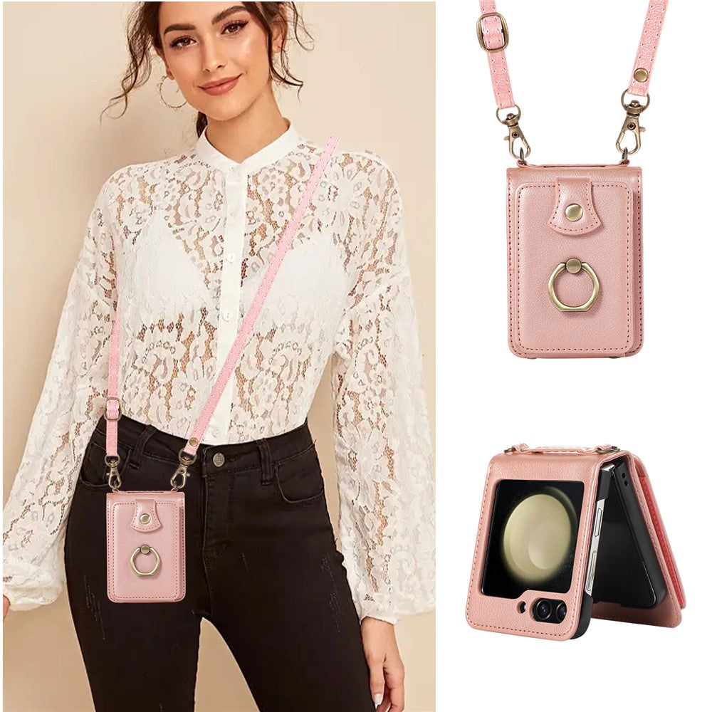 For Samsung Galaxy Z Flip7 5G Case Card Holder Ring Kickstand TPU + PU Leather Phone Cover with Long Strap - Rose Gold
