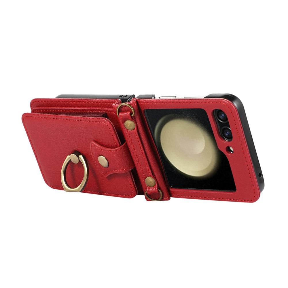 For Samsung Galaxy Z Flip7 5G Case Card Holder Ring Kickstand TPU + PU Leather Phone Cover with Long Strap - Red