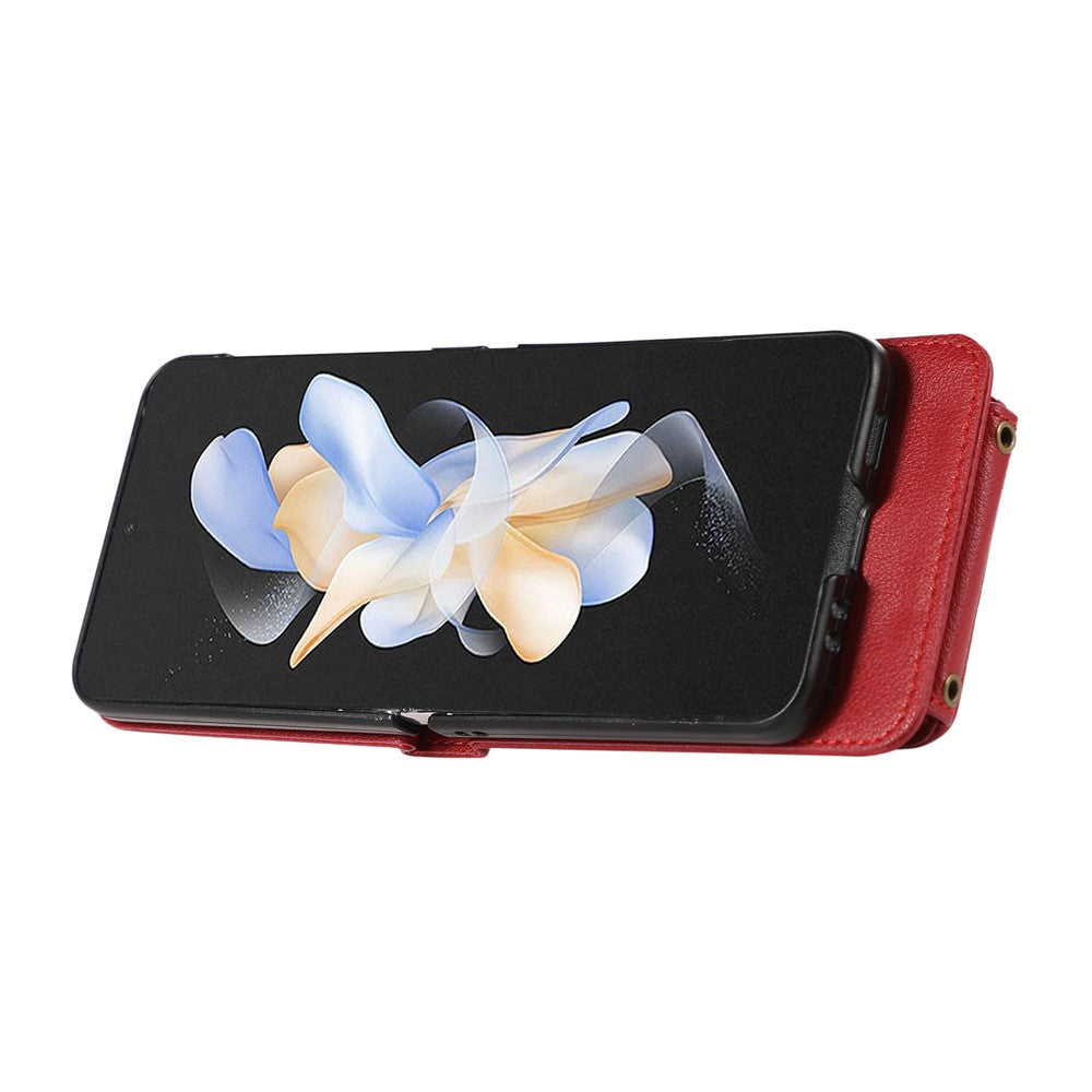 For Samsung Galaxy Z Flip7 5G Case Card Holder Ring Kickstand TPU + PU Leather Phone Cover with Long Strap - Red