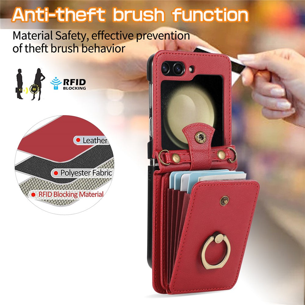 For Samsung Galaxy Z Flip7 5G Case Card Holder Ring Kickstand TPU + PU Leather Phone Cover with Long Strap - Red