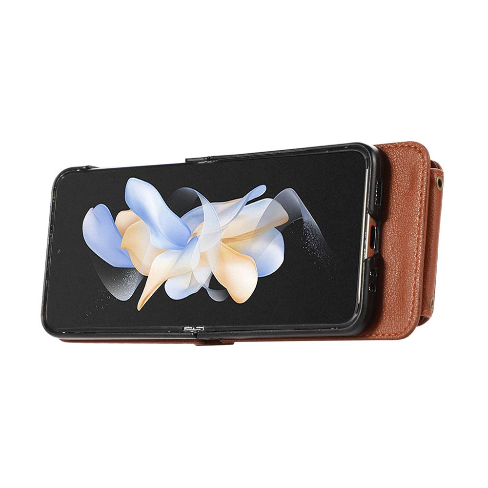 For Samsung Galaxy Z Flip7 5G Case Card Holder Ring Kickstand TPU + PU Leather Phone Cover with Long Strap - Brown
