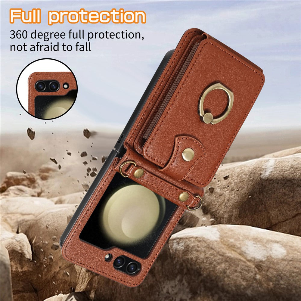 For Samsung Galaxy Z Flip7 5G Case Card Holder Ring Kickstand TPU + PU Leather Phone Cover with Long Strap - Brown