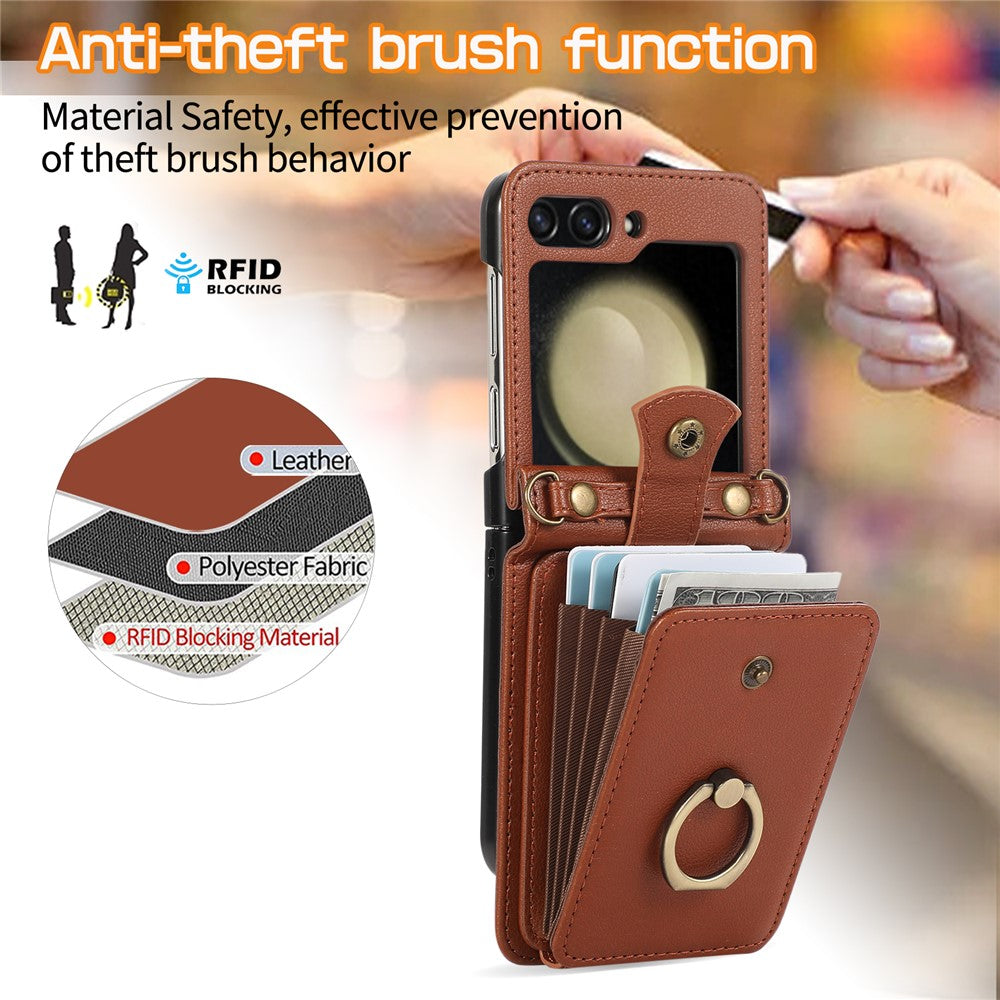 For Samsung Galaxy Z Flip7 5G Case Card Holder Ring Kickstand TPU + PU Leather Phone Cover with Long Strap - Brown