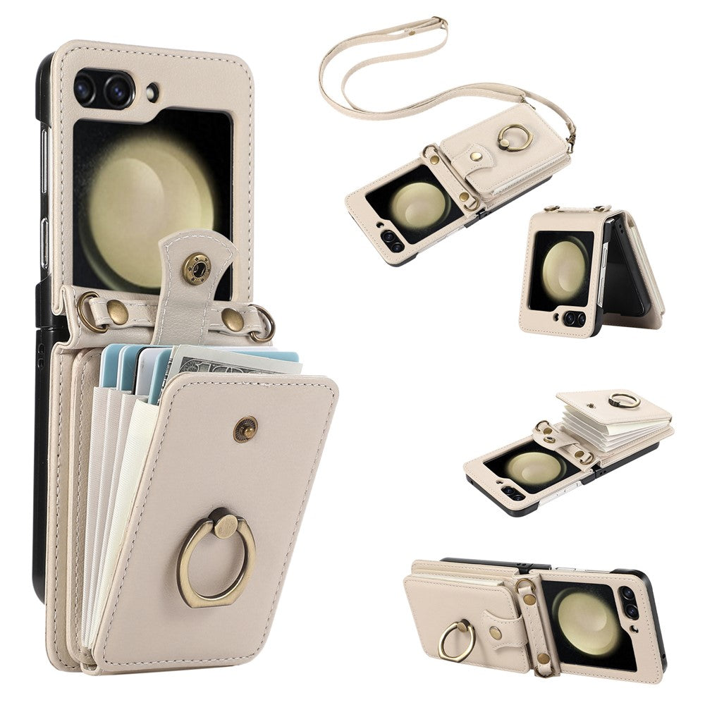 For Samsung Galaxy Z Flip7 5G Case Card Holder Ring Kickstand TPU + PU Leather Phone Cover with Long Strap - Beige