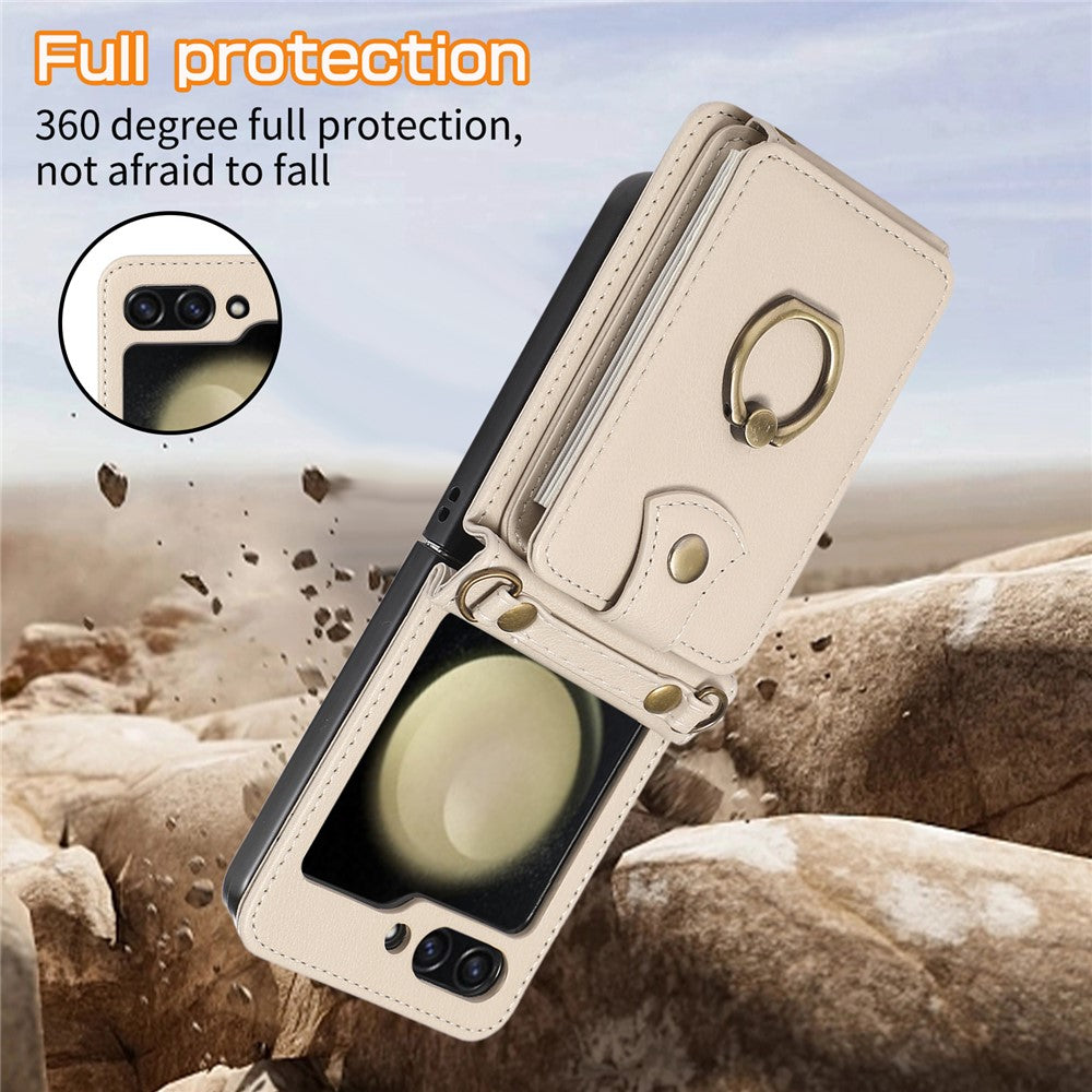 For Samsung Galaxy Z Flip7 5G Case Card Holder Ring Kickstand TPU + PU Leather Phone Cover with Long Strap - Beige