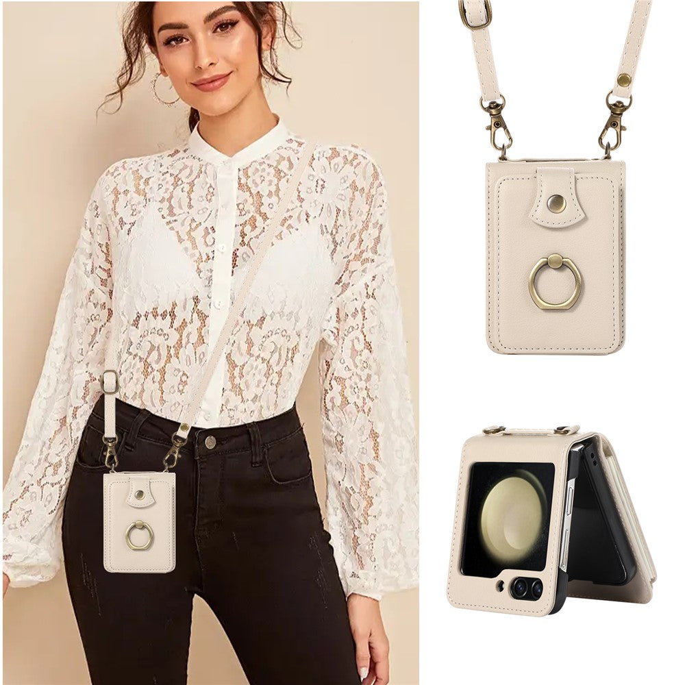 For Samsung Galaxy Z Flip7 5G Case Card Holder Ring Kickstand TPU + PU Leather Phone Cover with Long Strap - Beige