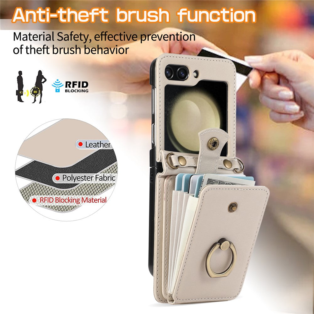 For Samsung Galaxy Z Flip7 5G Case Card Holder Ring Kickstand TPU + PU Leather Phone Cover with Long Strap - Beige