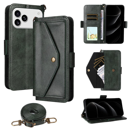 For iPhone 17 Pro Max Leather Case Magnetic Clasp Wallet Stand Phone Cover with Crossbody Strap - Green