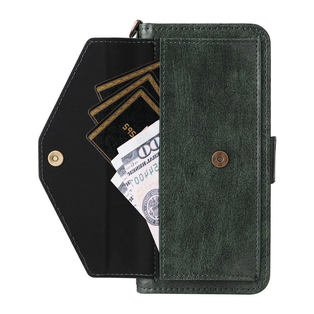 For iPhone 17 Pro Max Leather Case Magnetic Clasp Wallet Stand Phone Cover with Crossbody Strap - Green