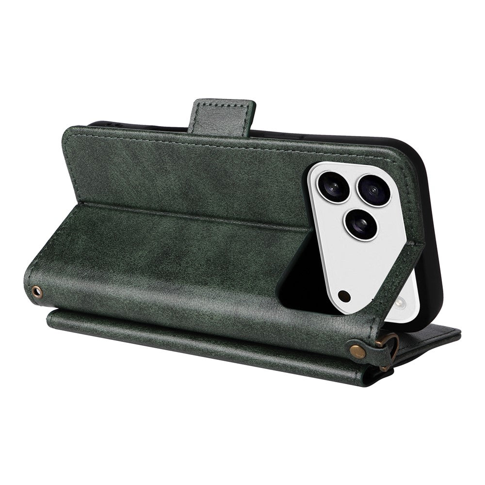 For iPhone 17 Pro Max Leather Case Magnetic Clasp Wallet Stand Phone Cover with Crossbody Strap - Green