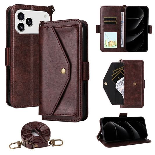 For iPhone 17 Pro Max Leather Case Magnetic Clasp Wallet Stand Phone Cover with Crossbody Strap - Brown