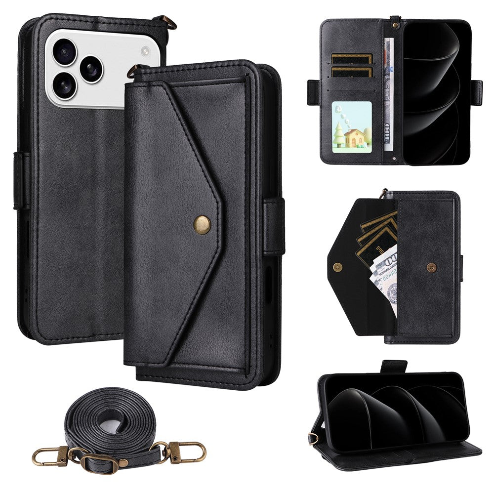 For iPhone 17 Pro Max Leather Case Magnetic Clasp Wallet Stand Phone Cover with Crossbody Strap - Black