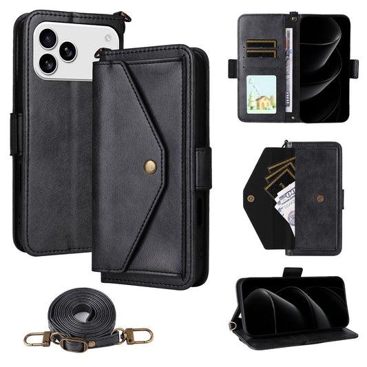 For iPhone 17 Pro Max Leather Case Magnetic Clasp Wallet Stand Phone Cover with Crossbody Strap - Black