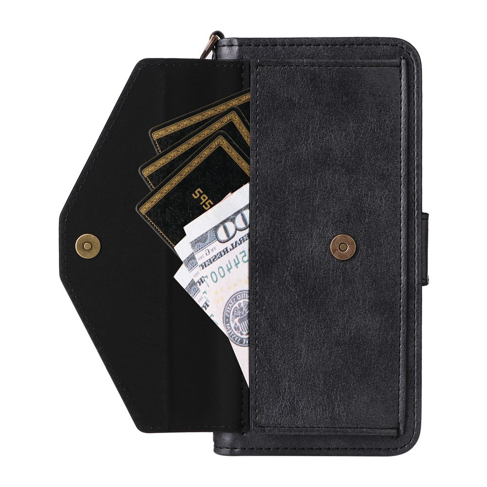 For iPhone 17 Pro Max Leather Case Magnetic Clasp Wallet Stand Phone Cover with Crossbody Strap - Black