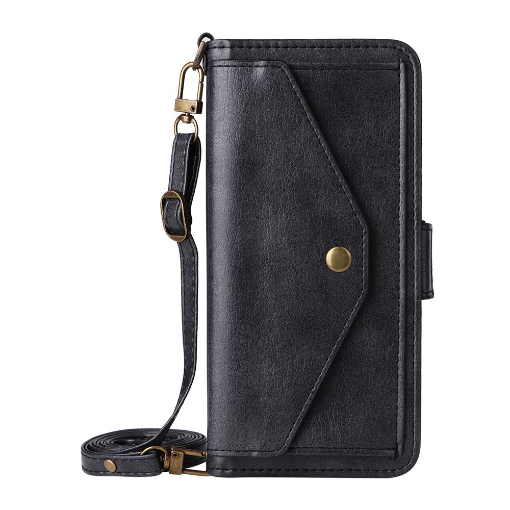 For iPhone 17 Pro Max Leather Case Magnetic Clasp Wallet Stand Phone Cover with Crossbody Strap - Black