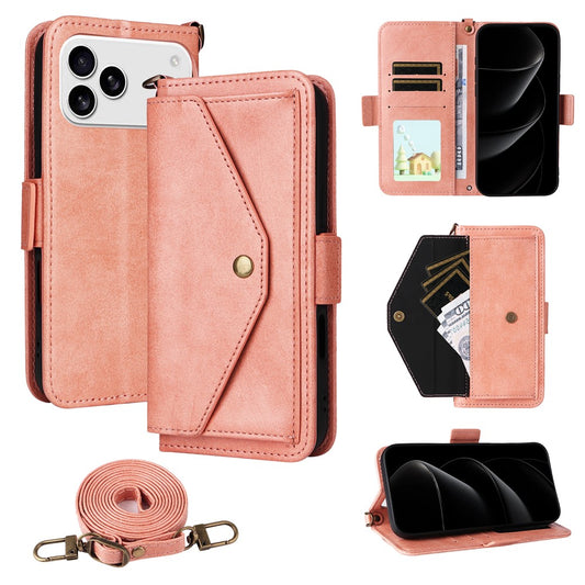 For iPhone 17 Pro Max Leather Case Magnetic Clasp Wallet Stand Phone Cover with Crossbody Strap - Pink