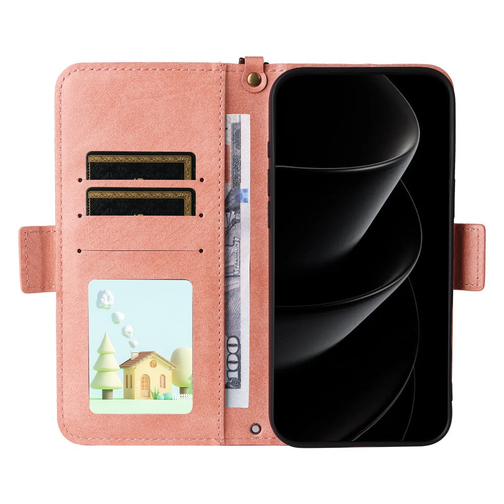 For iPhone 17 Pro Max Leather Case Magnetic Clasp Wallet Stand Phone Cover with Crossbody Strap - Pink