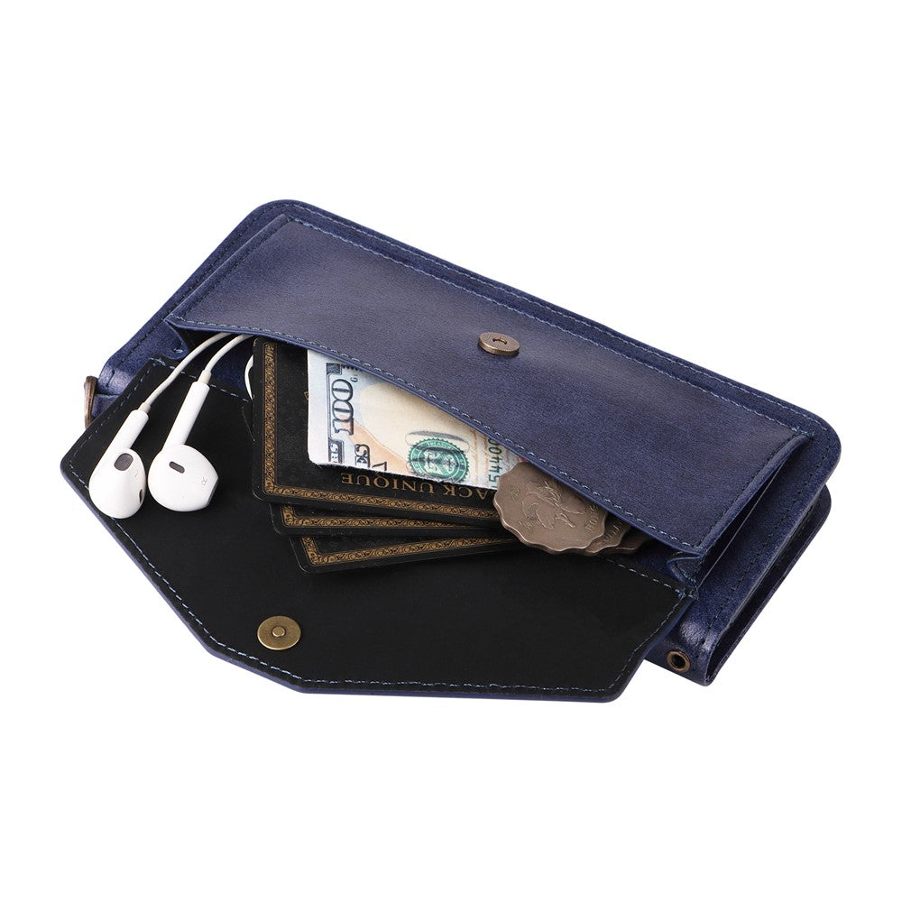 For iPhone 17 Pro Max Leather Case Magnetic Clasp Wallet Stand Phone Cover with Crossbody Strap - Blue