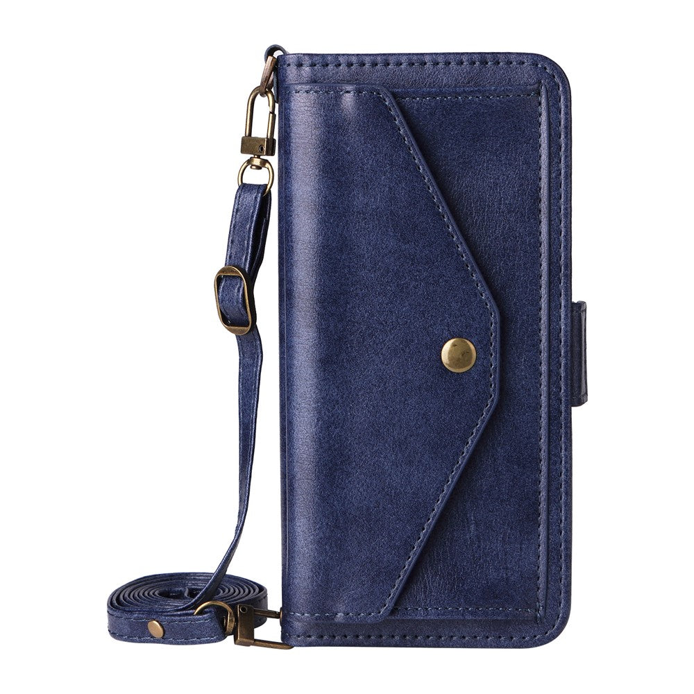 For iPhone 17 Pro Max Leather Case Magnetic Clasp Wallet Stand Phone Cover with Crossbody Strap - Blue