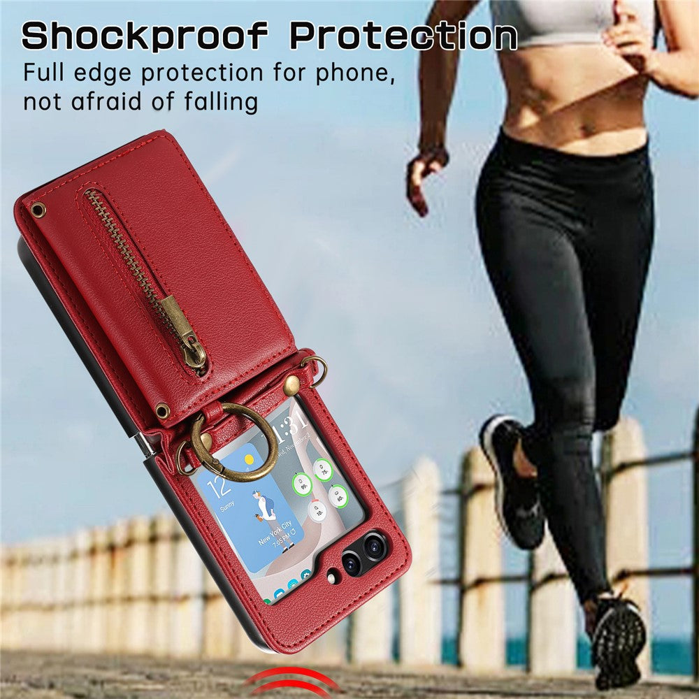 For Samsung Galaxy Z Flip7 5G Leather Back Cover Zipper Wallet Kickstand Phone Case with Shoulder Strap - Red