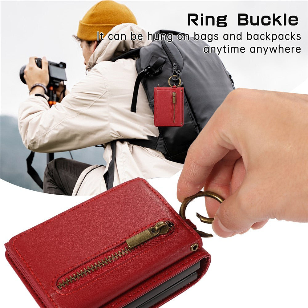 For Samsung Galaxy Z Flip7 5G Leather Back Cover Zipper Wallet Kickstand Phone Case with Shoulder Strap - Red