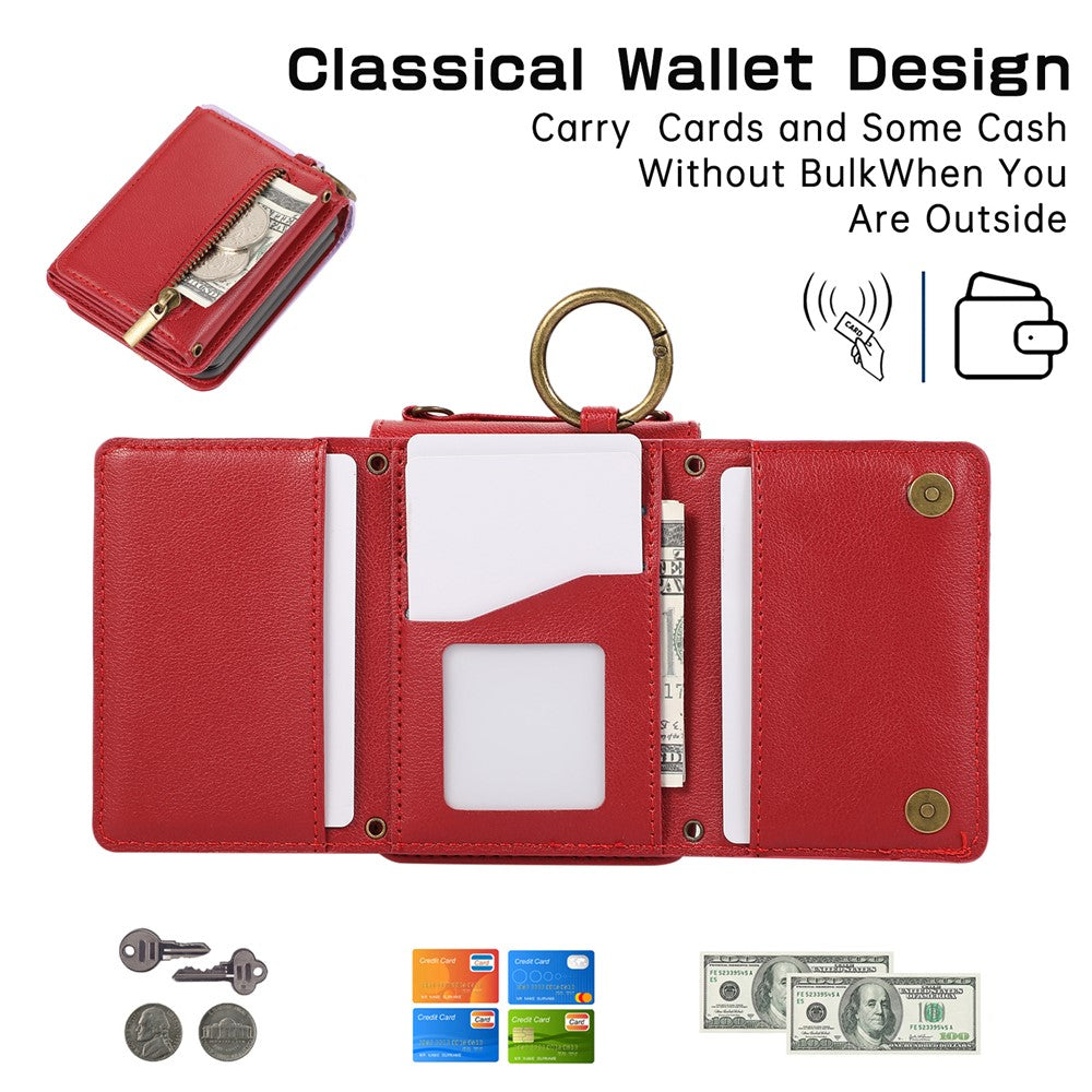 For Samsung Galaxy Z Flip7 5G Leather Back Cover Zipper Wallet Kickstand Phone Case with Shoulder Strap - Red