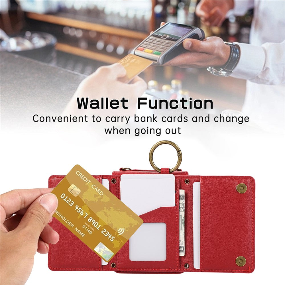 For Samsung Galaxy Z Flip7 5G Leather Back Cover Zipper Wallet Kickstand Phone Case with Shoulder Strap - Red