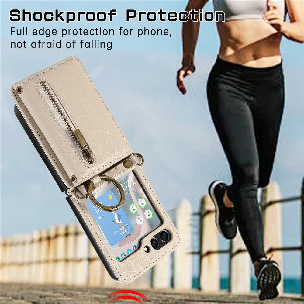 For Samsung Galaxy Z Flip7 5G Leather Back Cover Zipper Wallet Kickstand Phone Case with Shoulder Strap - Beige