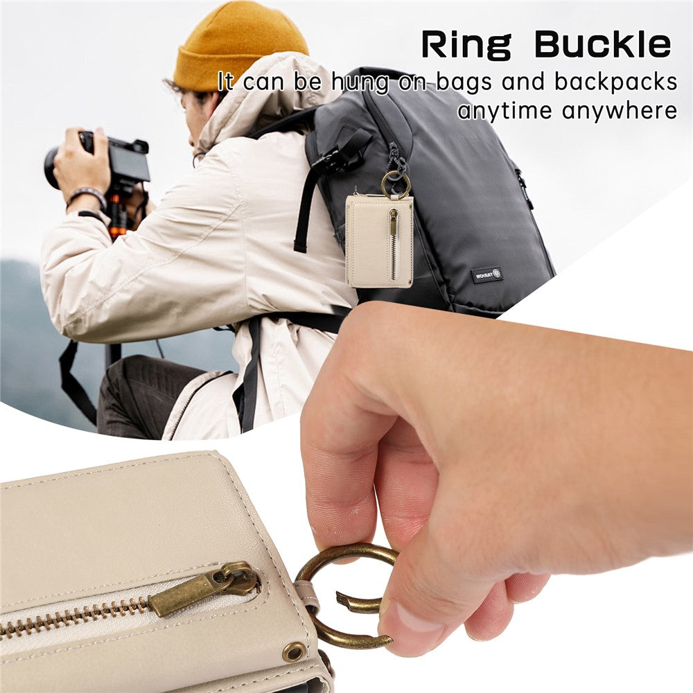 For Samsung Galaxy Z Flip7 5G Leather Back Cover Zipper Wallet Kickstand Phone Case with Shoulder Strap - Beige