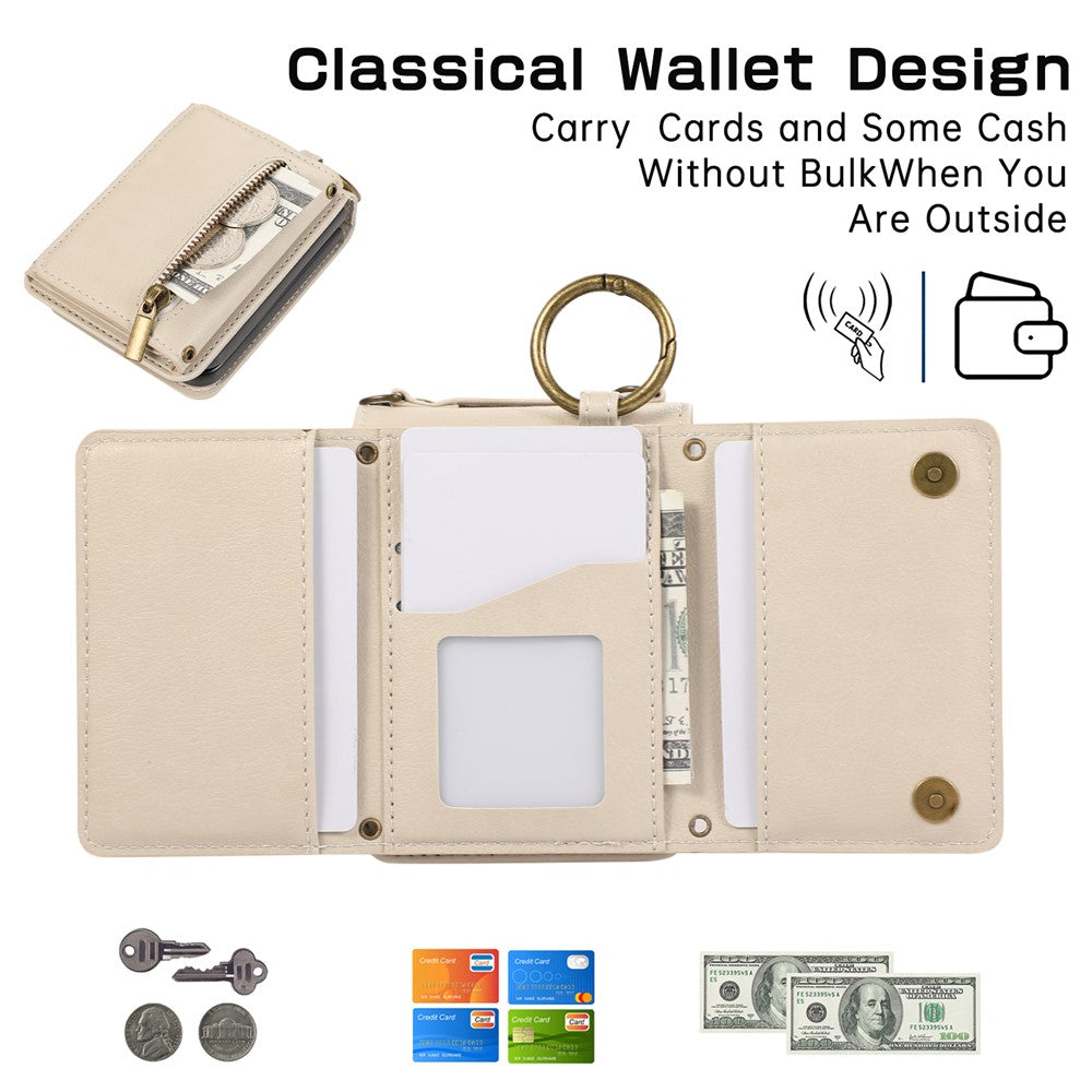 For Samsung Galaxy Z Flip7 5G Leather Back Cover Zipper Wallet Kickstand Phone Case with Shoulder Strap - Beige