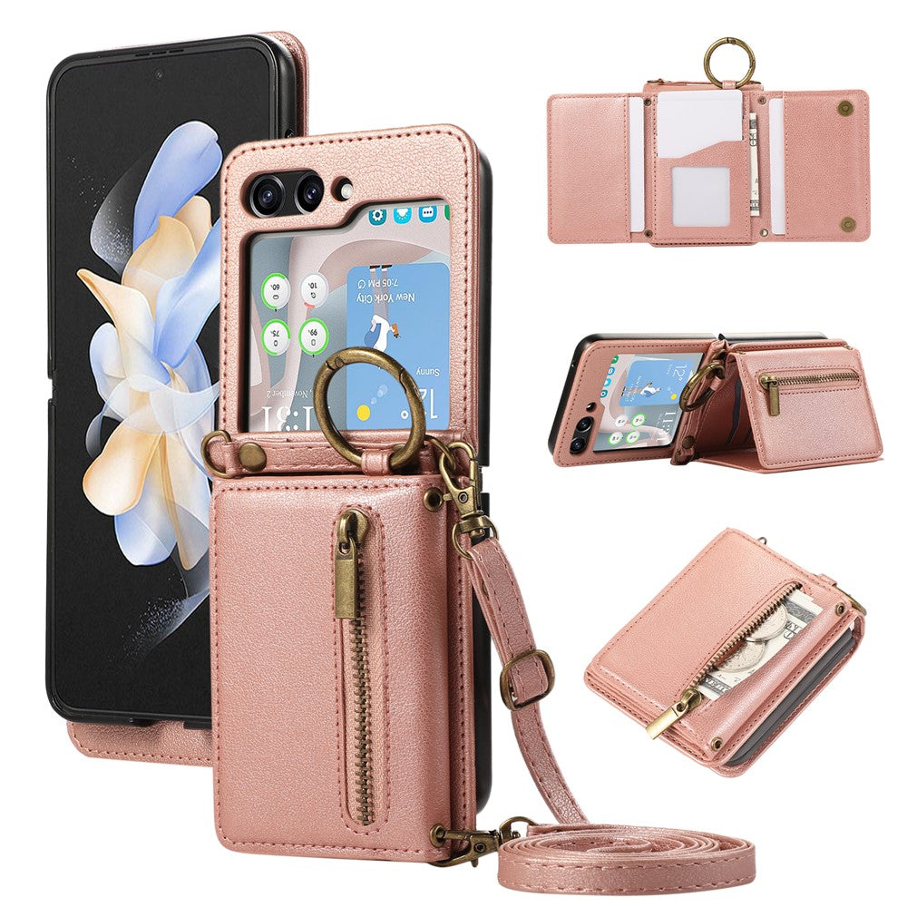 For Samsung Galaxy Z Flip7 5G Leather Back Cover Zipper Wallet Kickstand Phone Case with Shoulder Strap - Pink