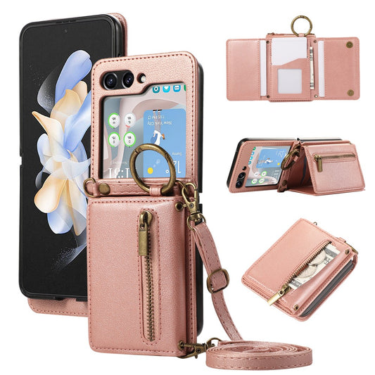 For Samsung Galaxy Z Flip7 5G Leather Back Cover Zipper Wallet Kickstand Phone Case with Shoulder Strap - Pink