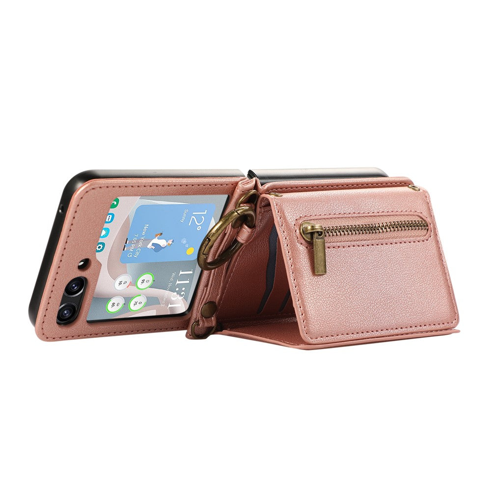 For Samsung Galaxy Z Flip7 5G Leather Back Cover Zipper Wallet Kickstand Phone Case with Shoulder Strap - Pink