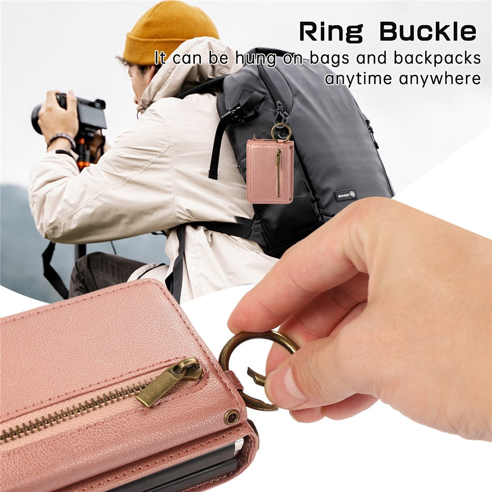 For Samsung Galaxy Z Flip7 5G Leather Back Cover Zipper Wallet Kickstand Phone Case with Shoulder Strap - Pink
