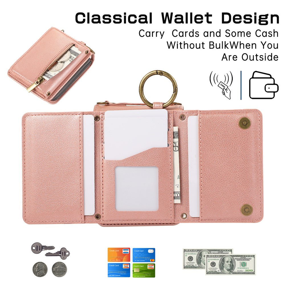 For Samsung Galaxy Z Flip7 5G Leather Back Cover Zipper Wallet Kickstand Phone Case with Shoulder Strap - Pink