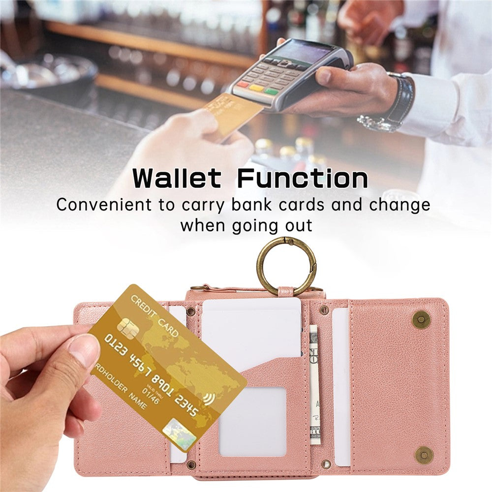 For Samsung Galaxy Z Flip7 5G Leather Back Cover Zipper Wallet Kickstand Phone Case with Shoulder Strap - Pink