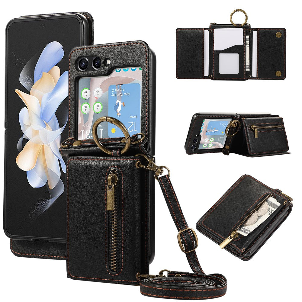 For Samsung Galaxy Z Flip7 5G Leather Back Cover Zipper Wallet Kickstand Phone Case with Shoulder Strap - Black
