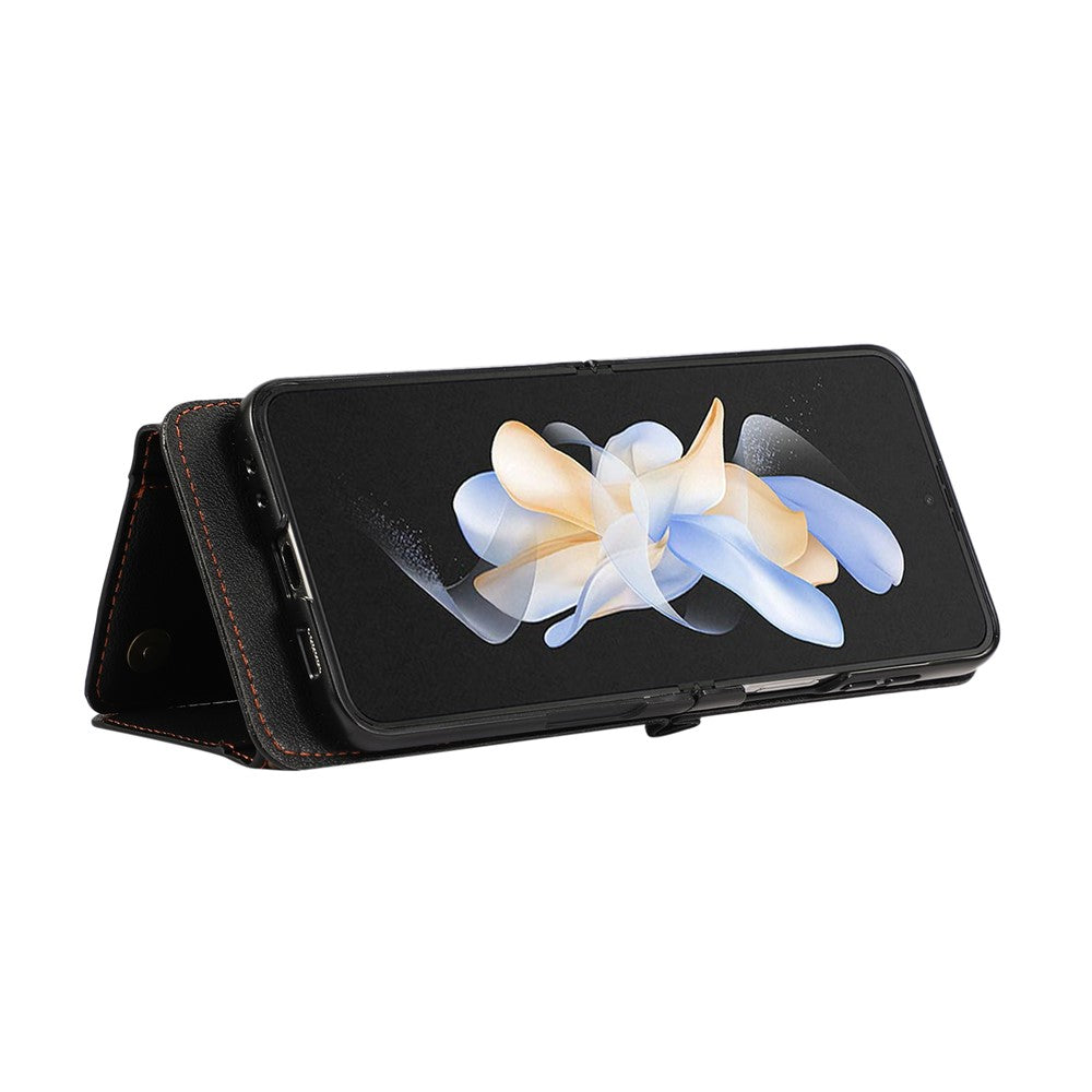 For Samsung Galaxy Z Flip7 5G Leather Back Cover Zipper Wallet Kickstand Phone Case with Shoulder Strap - Black