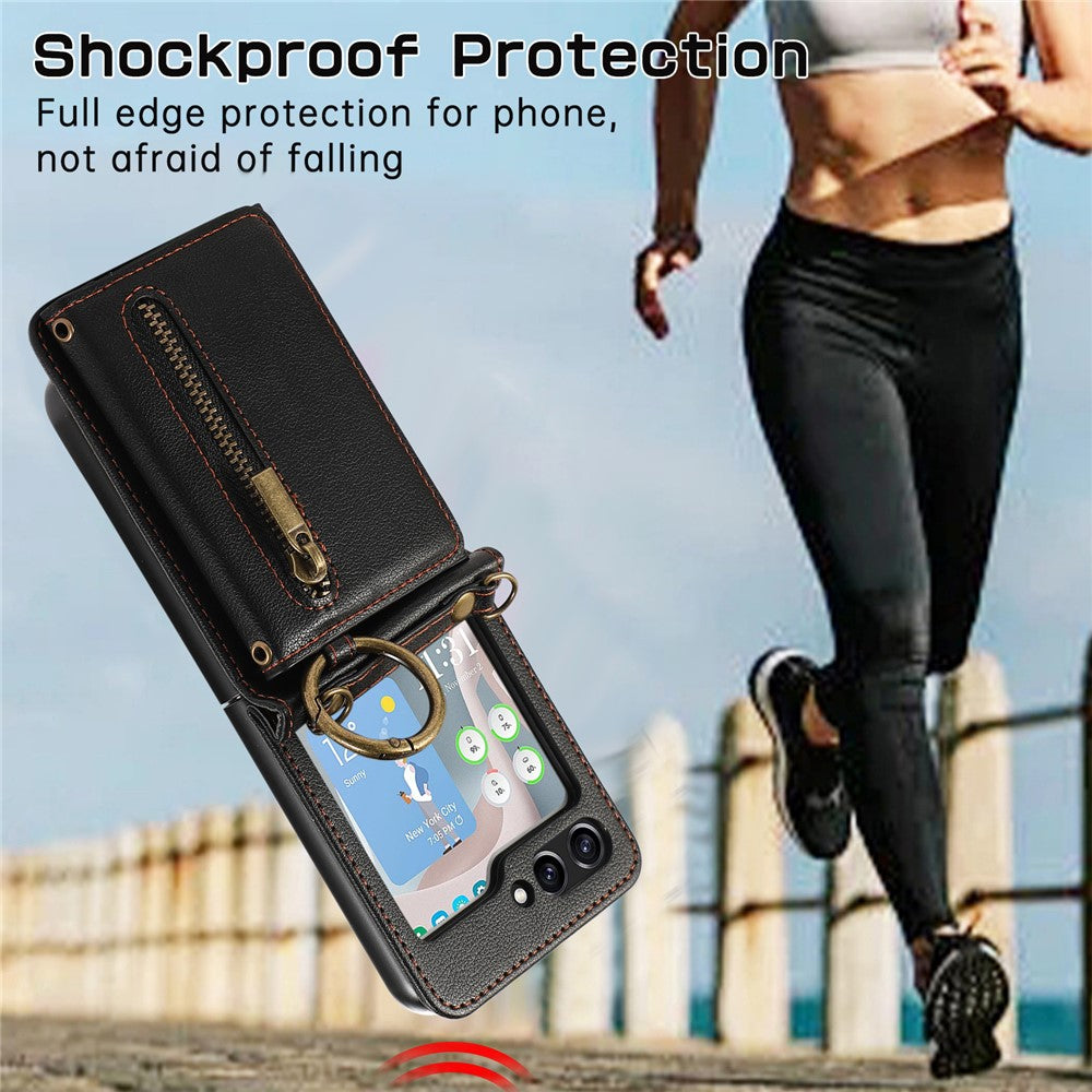 For Samsung Galaxy Z Flip7 5G Leather Back Cover Zipper Wallet Kickstand Phone Case with Shoulder Strap - Black