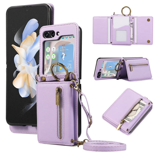 For Samsung Galaxy Z Flip7 5G Leather Back Cover Zipper Wallet Kickstand Phone Case with Shoulder Strap - Purple